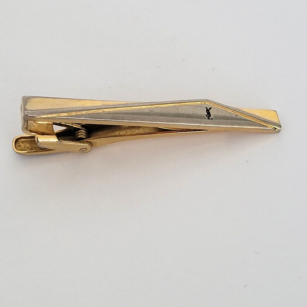 Yves Saint Laurent Vintage Tie Clip Two Tone Gold Silver YSL Logo Mens Accessory